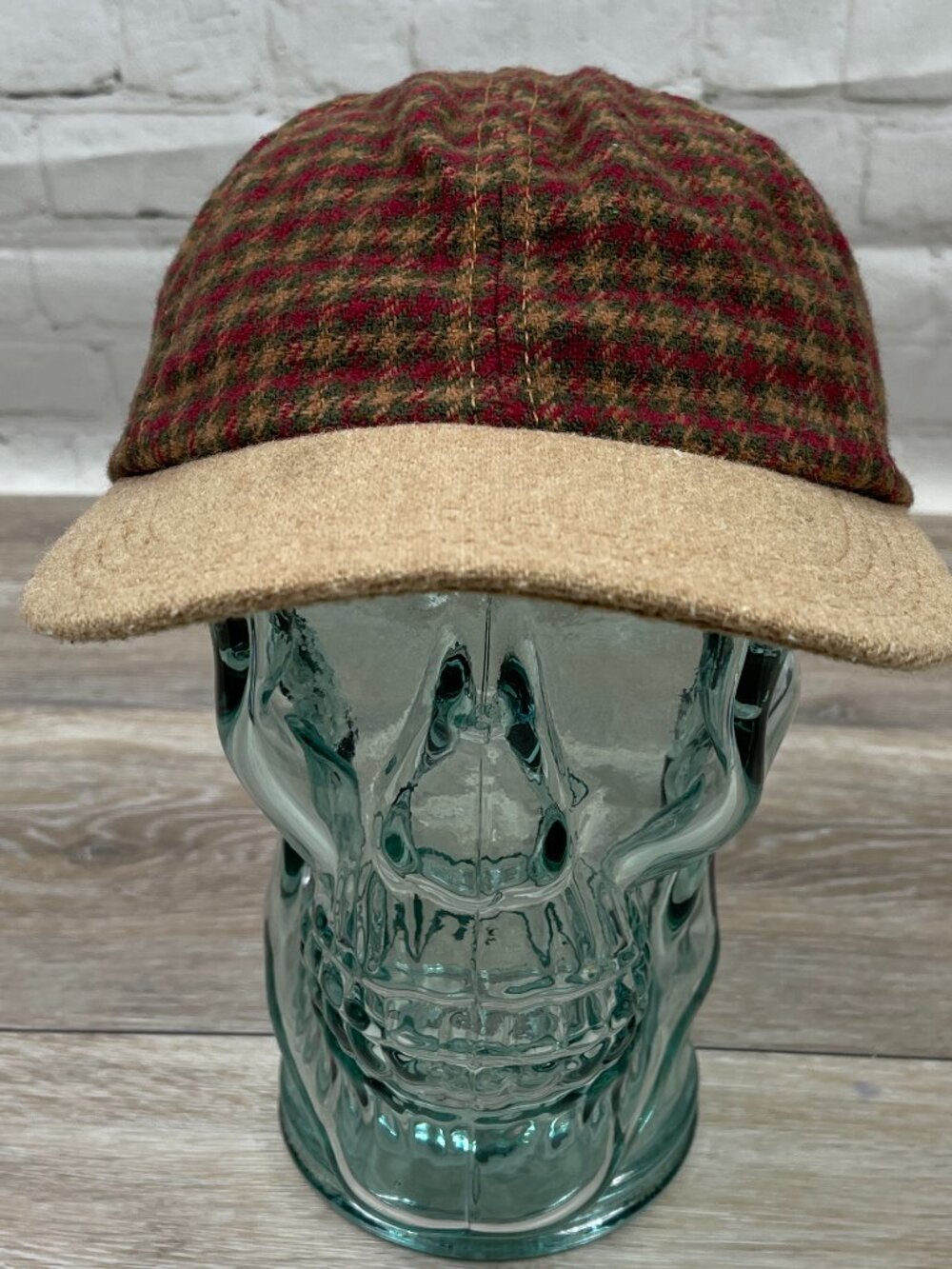 VINTAGE MADE IN THE USA RELAXED FIT PLAID FLANNEL LEATHER STRAP BACK HAT / CAP
